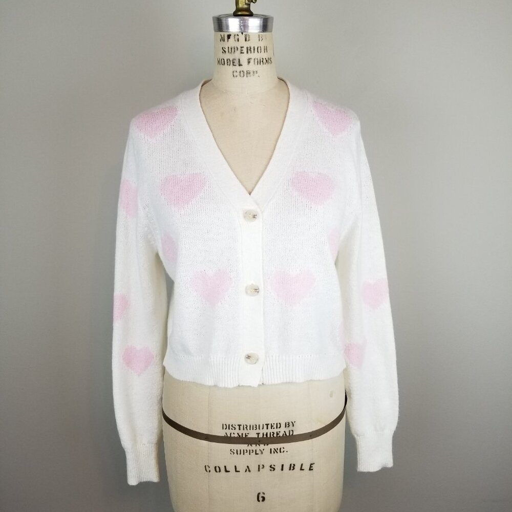 Moon & Madison Cream Cable Knit Button Front Cardigan Sweater w/Pink Hearts XS
